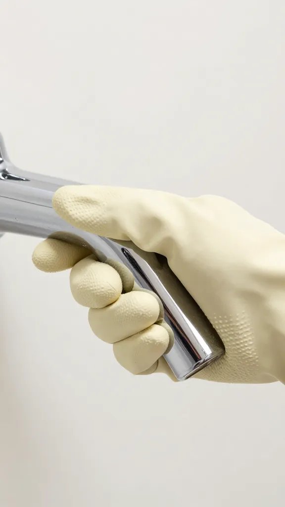 closeup of a rubber glove gripping a chrome faucet handle