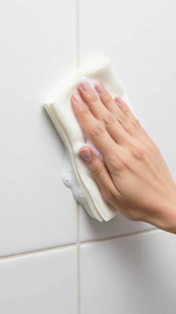 closeup of a shower tile with clear soap scum being wiped away