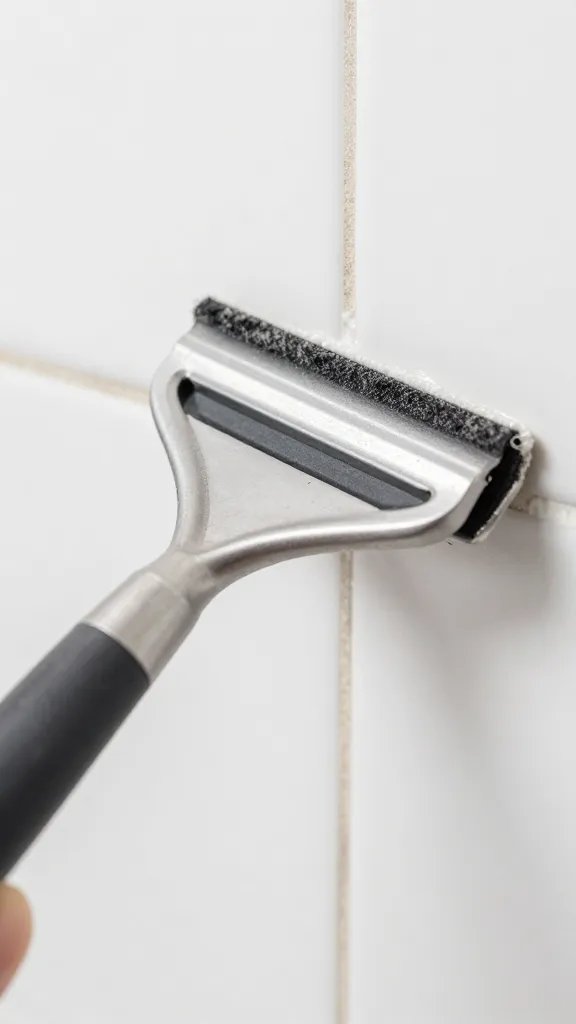 closeup of a bathroom scraper scraping glaze from tile grout