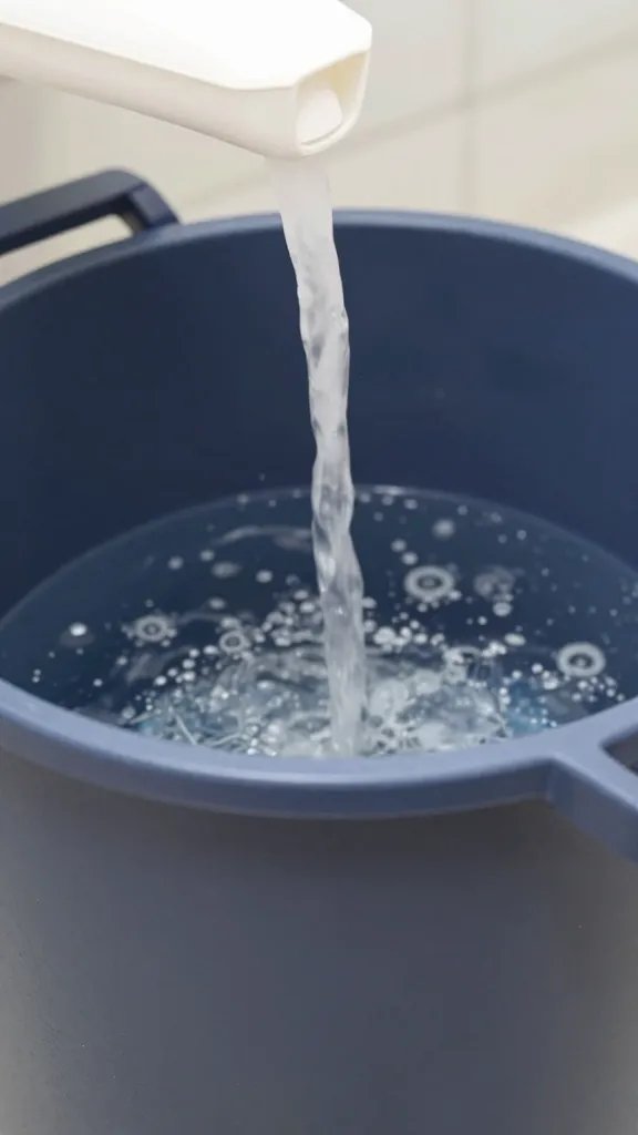 closeup of a labeled two-bucket cleaning system with rinse water