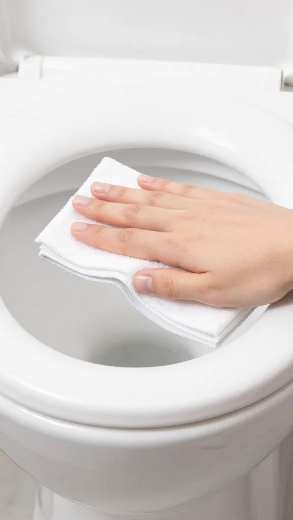 closeup of a toilet rim being wiped by a cleaning hand