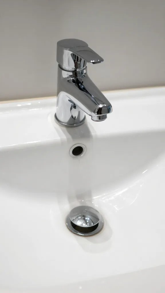 closeup of a shiny bathroom sink under bright overhead light