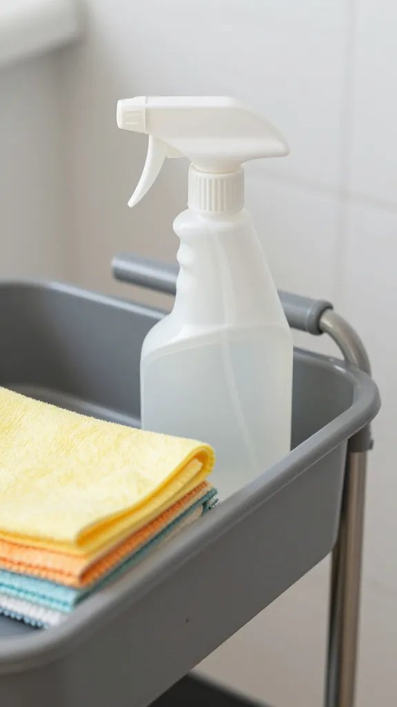 closeup of a cleaning caddy’s spray bottle and cloths on edge of tub