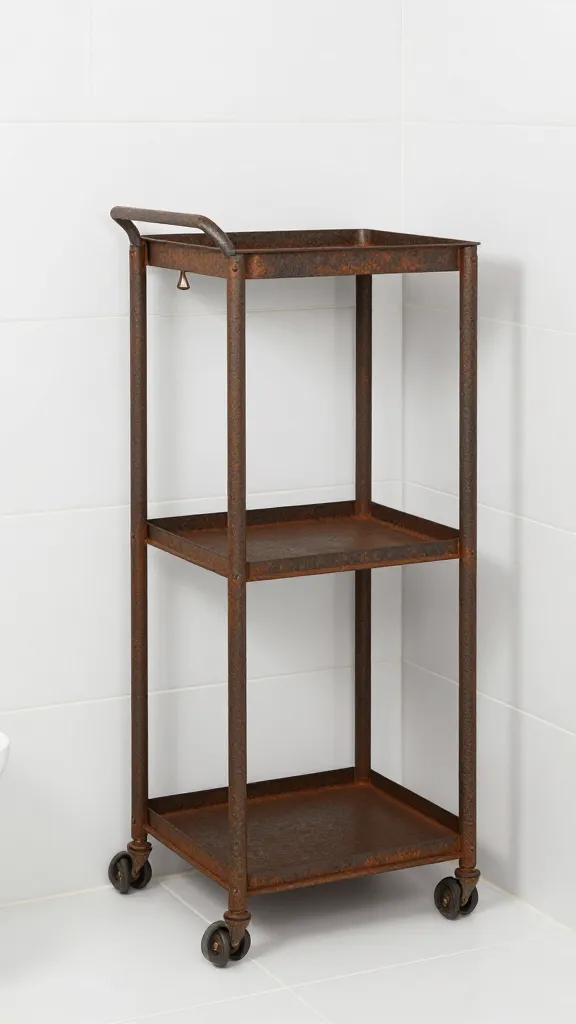 A compact under-sink cabinet with a slim, rust-resistant rolling caddy pulled out halfway, showing multiple narrow shelves and exposed valves in a modern bathroom setting with clean white tiles.