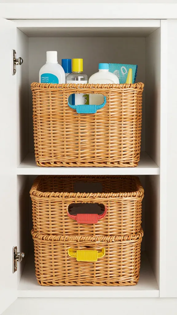 An open base cabinet with two stackable wicker baskets labeled by color-coded tags, neatly organized with small bottles and cleaning supplies, and a narrow space beside exposed plumbing.
