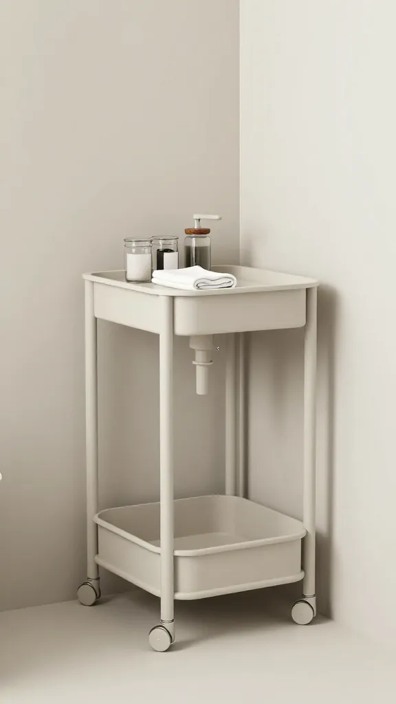 A minimalist bathroom vanity corner featuring a tall, slim rolling cart tucked beside pipes, with a soft matte finish, small glass jars, and a wipe-clean surface.