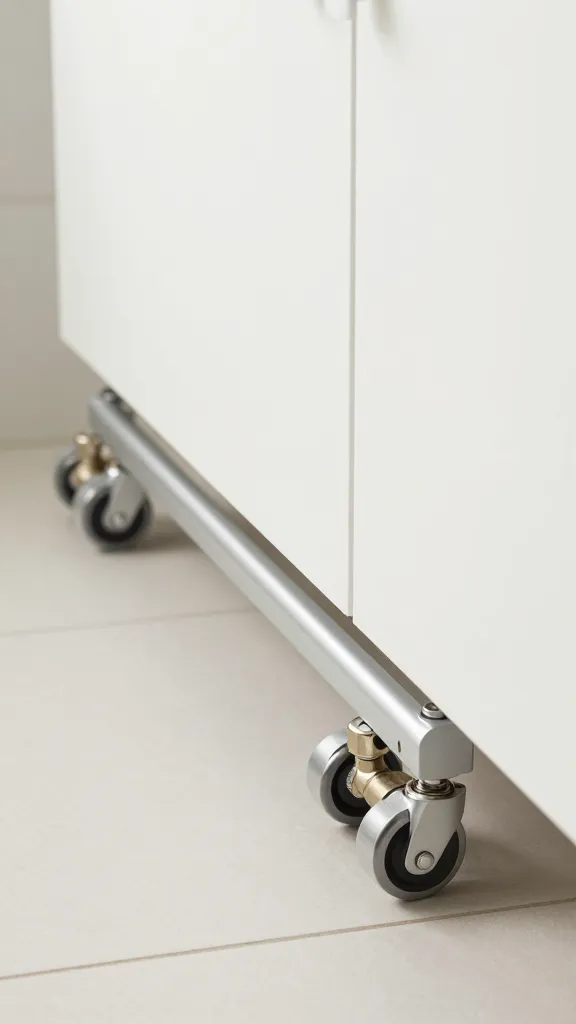 A close-up of a slim rolling caddy tilted to clear valves, sliding along the base cabinet with one full-extension rail, positioned in a bright, airy bathroom.