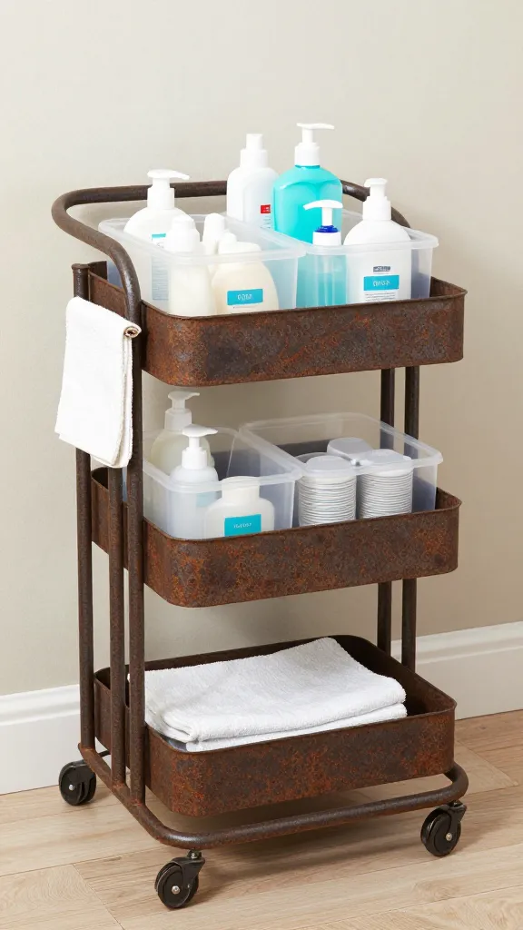 A tidy under-sink area showing a shallow, rust-resistant rolling cart fully extended, holding toiletries in labeled clear containers and a folded microfiber cloth nearby.