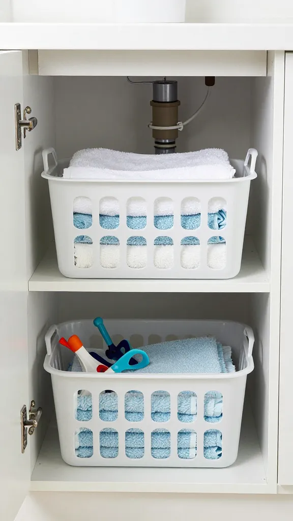 A top-down perspective of the inside of a base cabinet with two stackable baskets, one containing towels and the other containing small cleaning tools, with a pipework backdrop.