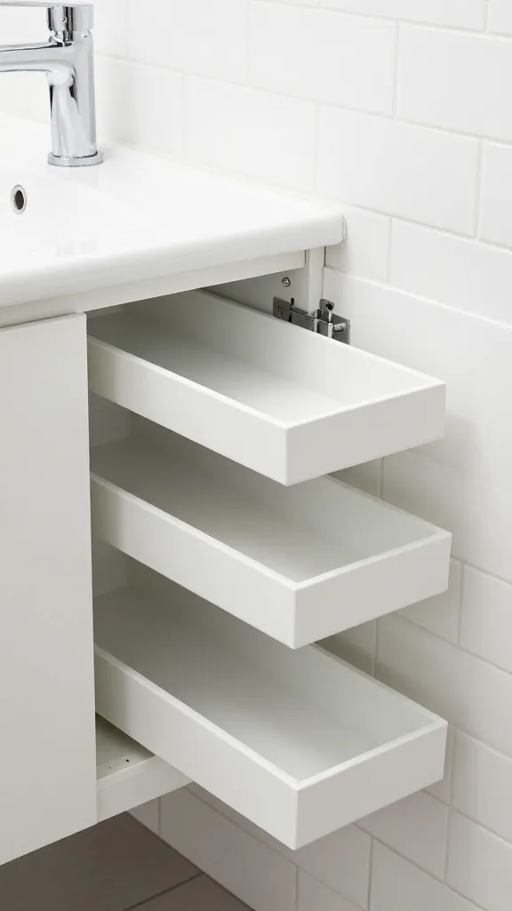 A compact bathroom storage scene with a set of narrow, modular pull-out trays inside a slim cabinet, adjacent to a polished chrome faucet and white subway tiles.