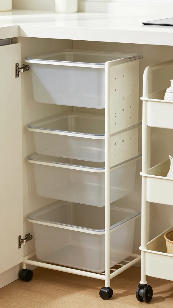 An organized under-sink setup featuring clear bins, a small vertical organizer, and a rolling cart tucked to the side, with soft natural light streaming in.