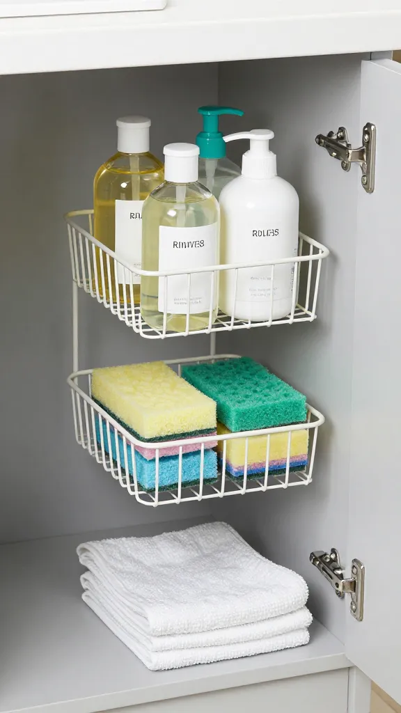 A tidy, clutter-free under-sink area with a stackable basket system in a light gray cabinet, containing labeled bottles, sponges, and a folded bath mat at the base.