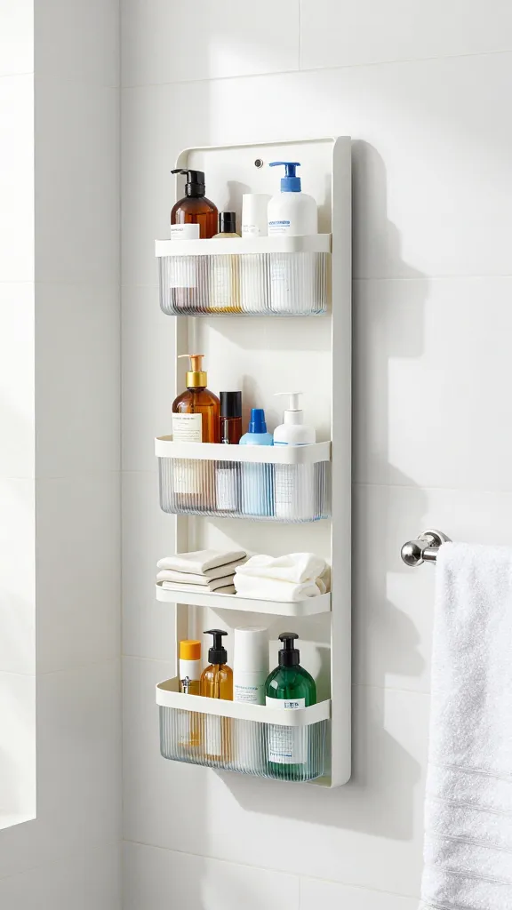A compact bathroom with a hanging over-the-door organizer full of small toiletries, a towel bar nearby, bright natural light, and clean white tiles.