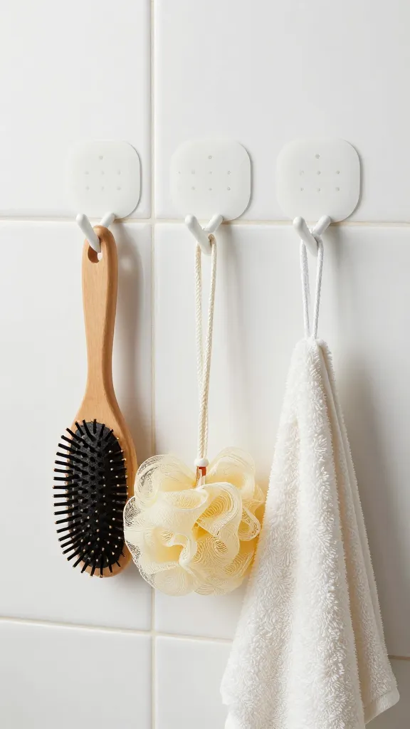 Close-up of adhesive hooks applied to a porcelain tile wall, holding lightweight items like a hairbrush, loofah, and a small towel, with no drill marks visible.