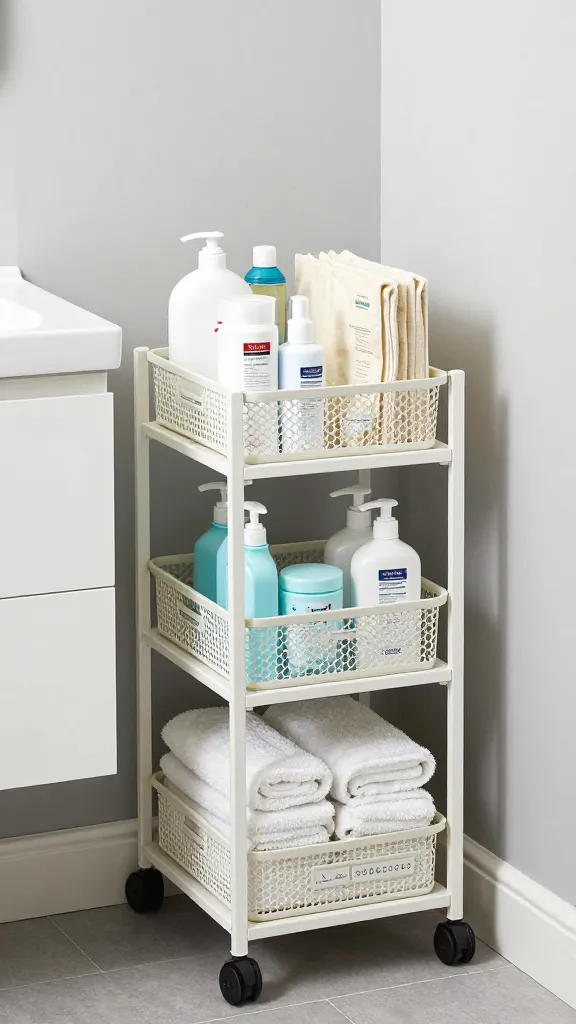 A small rolling cart with wheels under a narrow vanity, stacked with neatly arranged bathroom essentials in labeled baskets, in a modern rental bathroom.