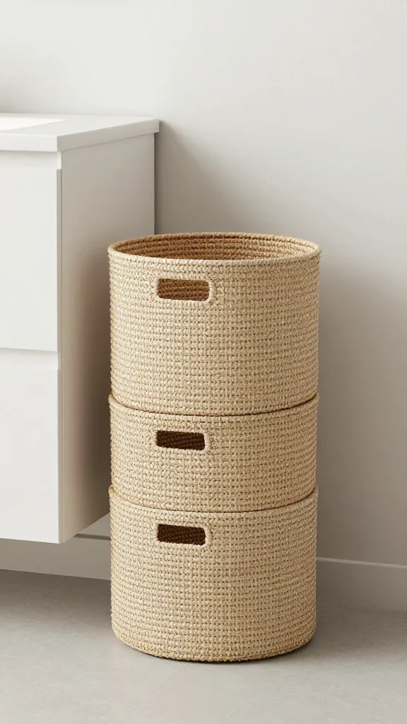 A minimalist, freestanding stackable baskets system on the bathroom floor next to a compact cabinet, showing different heights and woven textures.