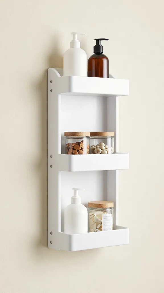 A tall, slender wall-hugging shelf system that clings to the wall without nails, holding toiletries and decorative jars, with visible adhesive mounting points.