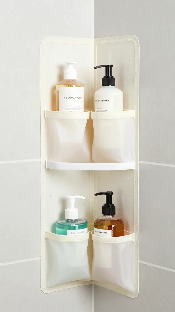 A corner shower area utilizing vertical organizers with adhesive strips, including bars and pockets for shampoo, conditioner, and body wash.