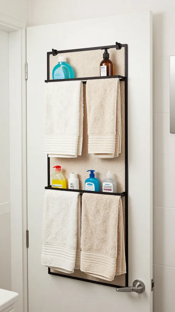 A renter-friendly bathroom scene showing a bathroom door with an over-the-door organizer loaded with towels and small daily items, in a bright, airy space.