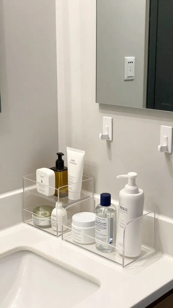 A bathroom countertop decluttered with small, labeled acrylic organizers, a few essential items neatly arranged, and adhesive hooks discreetly mounted behind a mirror.