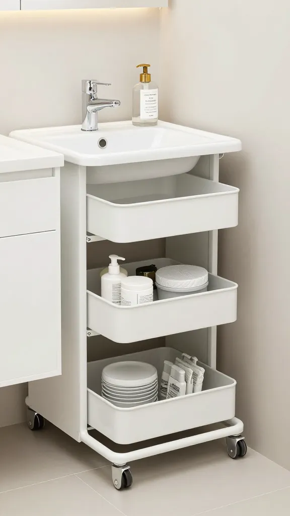 A compact bathroom with a rolling under-sink cabinet cart pulled out to reveal extra storage, surrounded by clean, streamlined decor.
