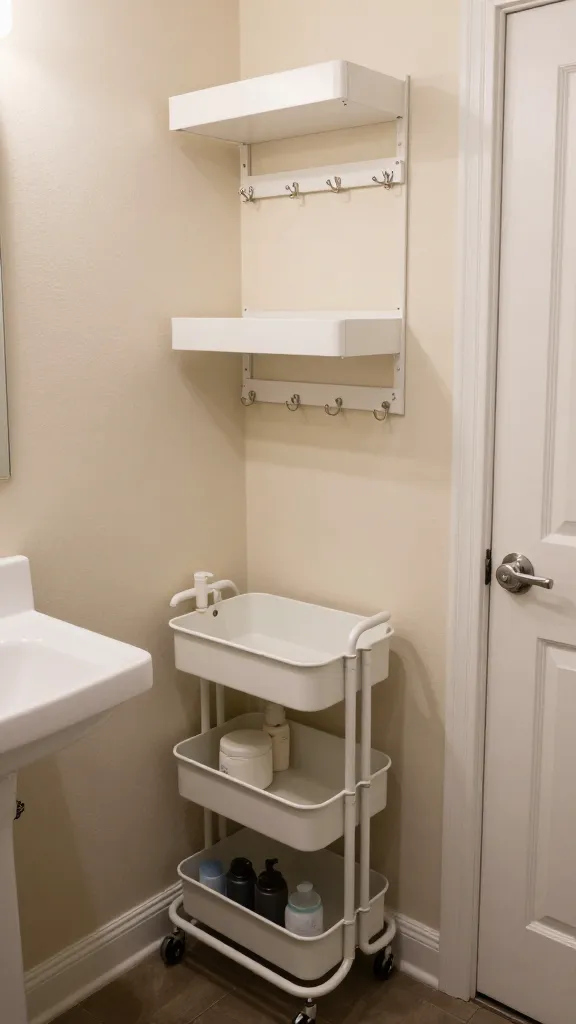 A before-and-after styled image showing a cramped rental bathroom transformed with vertical hanging shelves, adhesive hooks, and a rolling cart, emphasizing maximum.storage without drilling.