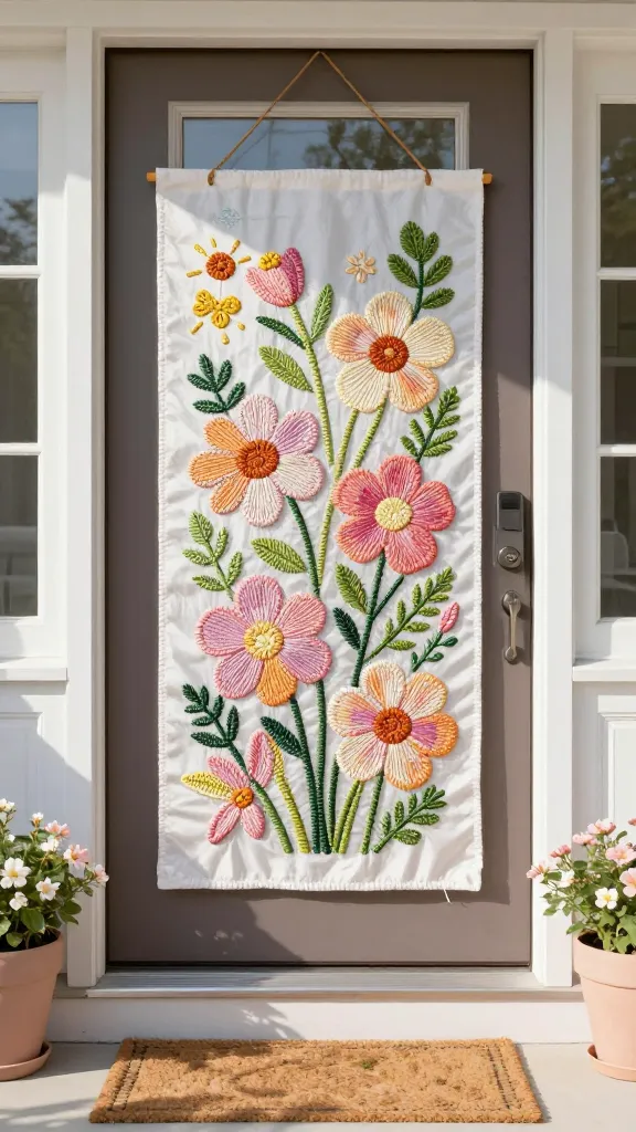 A cheerful spring door hanger featuring bright floral embroidery with pastel petals, delicate greenery, and subtle sun-kissed stitching, displayed on a sunlit front door with a clear porch mat and potted plants in soft hues.
