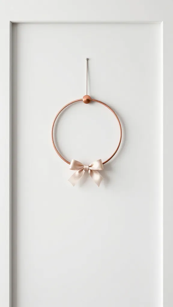 Minimalist door hanger design shaped as a simple circular ring with clean lines, a single copper accent, and a tiny satin bow, hung on a modern white-front door with smooth siding and minimal surrounding décor.