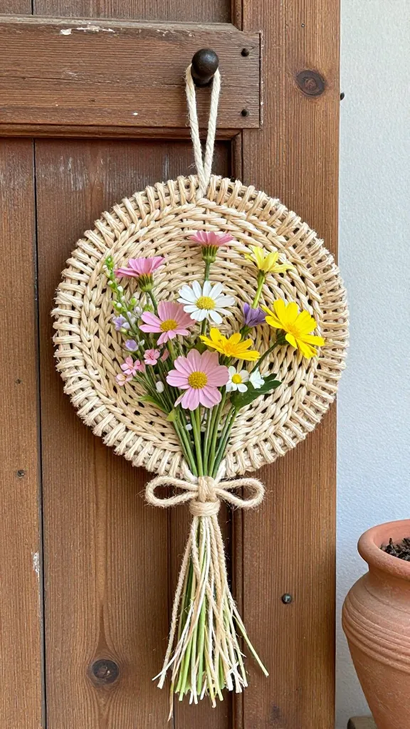 A rustic spring door hanger woven from natural fibers, showcasing a bouquet of wildflowers in muted pinks and yellows, accented with raffia ties, hung on a weathered wooden door beside a clay planter.