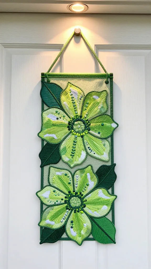 A bright, garden-inspired door hanger with large embroidered petals, bold greens, and subtle bead accents, staged on a door with a recessed porch light casting warm glow on the texture.
