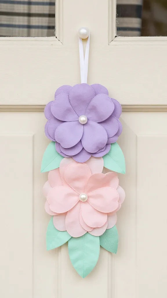 A pastel spring door hanger featuring layered fabric petals in soft lilac, blush, and mint, with a tiny pearl centerpiece, hung on a cream-colored door against a backdrop of a striped outdoor rug.