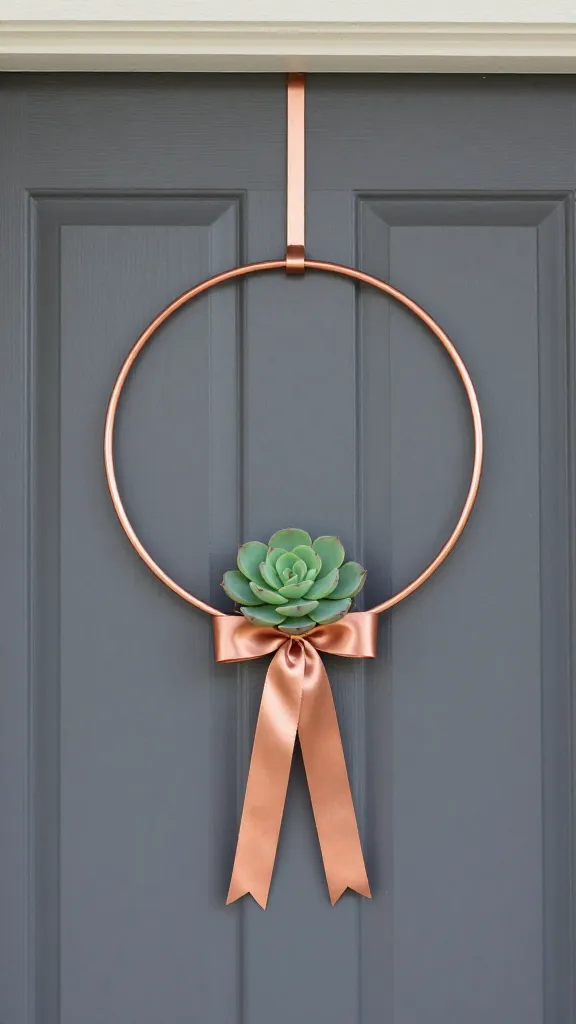 A modern take: a circular copper-toned wreath-inspired hanger with a single focal faux succulent, minimal ribbons, and a glossy finish, displayed on a charcoal-gray door with a sleek porch.