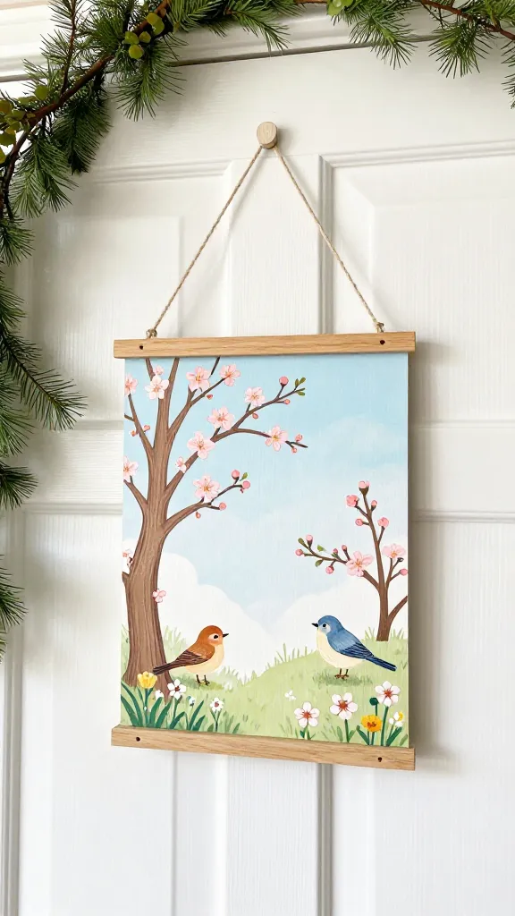 A whimsical door hanger with hand-painted spring scenes – tiny birds, blossoms, and a light blue sky – on a wood-grain sign, hanging on a white paneled door with greenery garlands nearby.