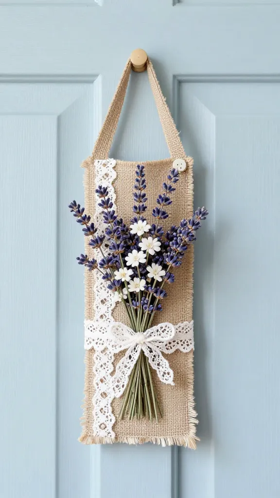 A cottage-style door hanger using burlap and lace, featuring a bouquet of lavender and white blossoms, tiny button accents, and soft frayed edges, shown on a pale blue door.