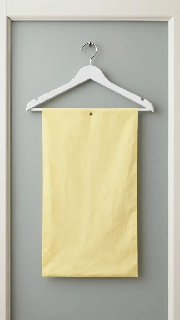 An ultra-clean minimalist floral hanger with a single rectangular fabric panel in pale yellow, a small metallic pin accent, and no-frills design, mounted on a glass-inset door with a simple mat.