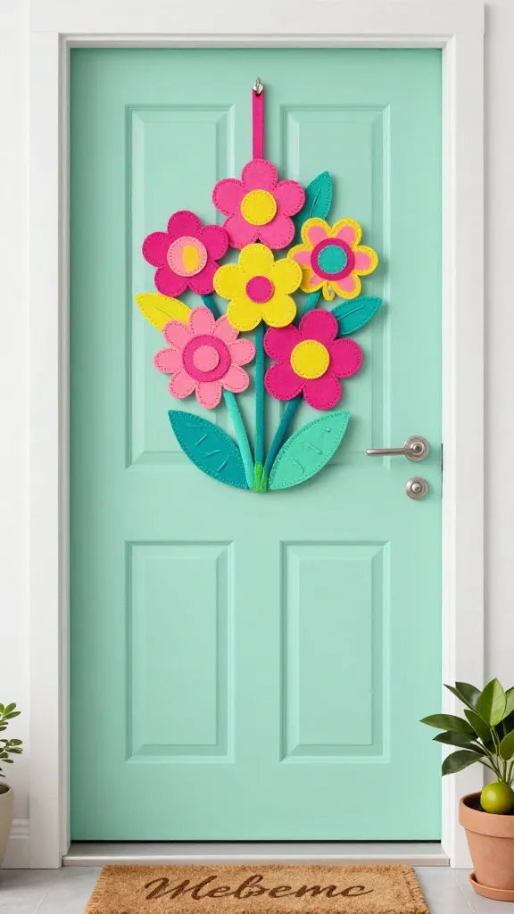 A spring-themed door hanger crafted from felt shapes forming a blooming flower cluster, bright hot pink, lemon, and teal pieces, displayed on a mint green door with a welcoming doormat and potted citrus.