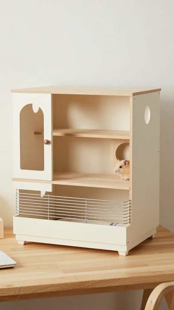 A chic, multi-tier hamster cage designed as a small studio apartment on a mid-century desk, featuring slim, modular levels, light wood shelves, subtle non-toxic paint, and a tiny cozy nest visible through a transparent panel, with soft natural lighting.