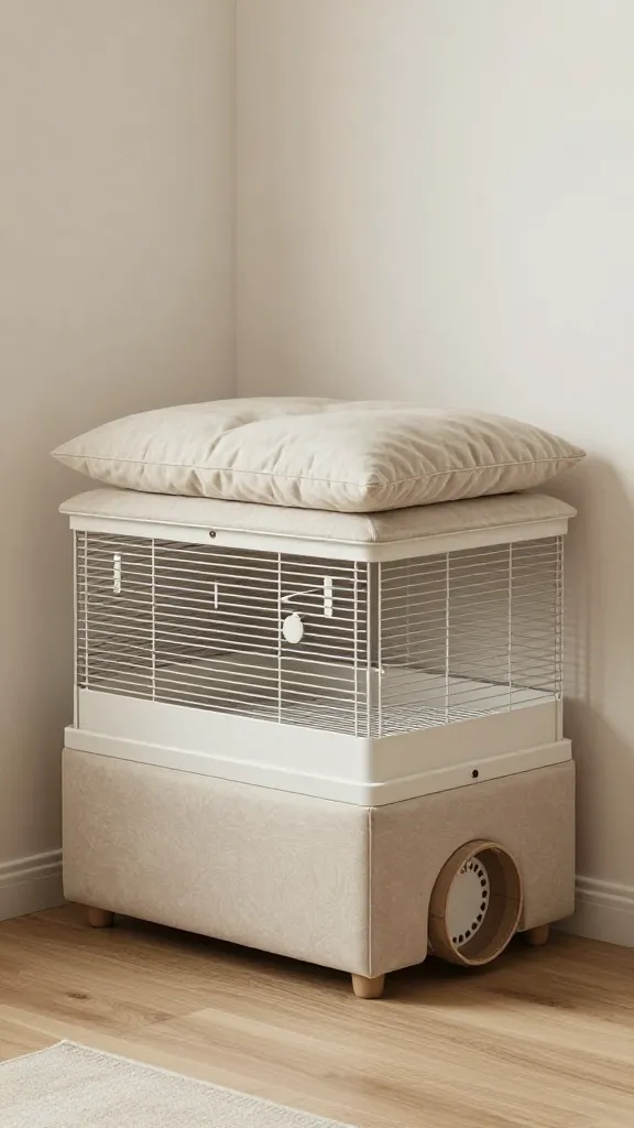 A hidden gem setup where a storage ottoman is repurposed into a handheld-accessible hamster cage, integrated into a living room corner with plush cushions on top, a hidden ventilation panel, and a small wheel peeking out, all in matte neutral tones.