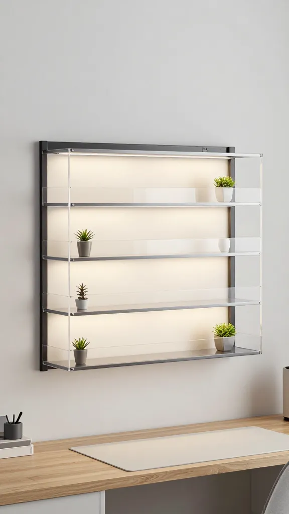 An elegant tiered cage shelving system mounted on a slim wall shelf unit above a work desk, showing shallow levels, clear acrylic barriers, tiny decorative planters, and a breeze of airflow indicators along the top edge.