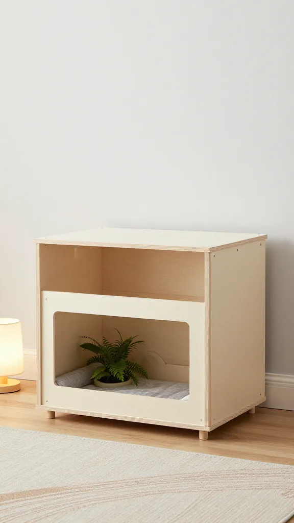 A plywood-constructed, non-toxic painted hamster cage with a mini balcony and a plant-friendly napping nook, nestled beside a cozy lamp and a minimalist rug, emphasizing clean lines and ventilation gaps.