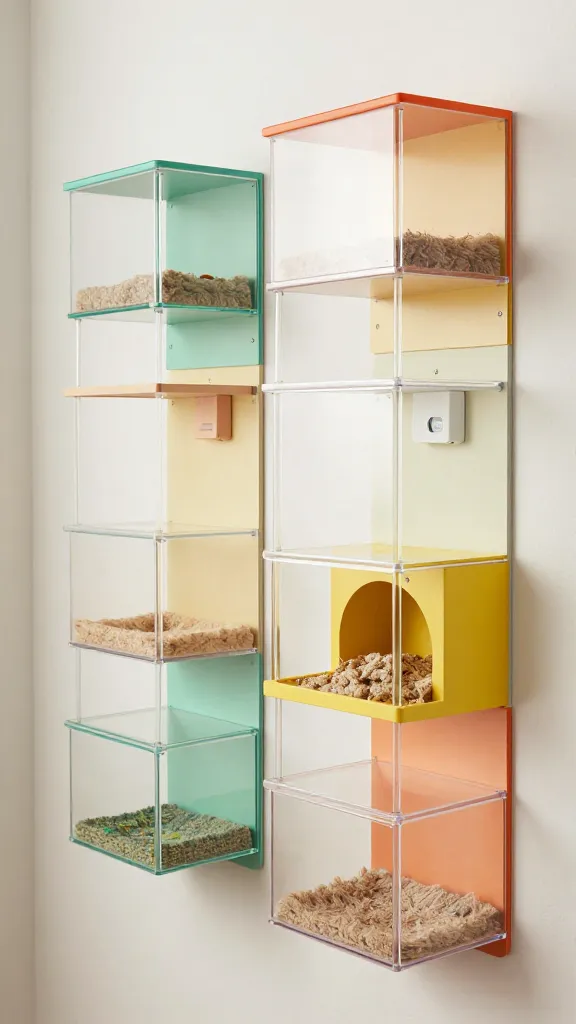 A wall-mounted modular cage wall: multiple small transparent habitats connected by clear tubes, color-coordinated with wall art, featuring a soft fleece nest, feeding station, and a discreet thermometer/ventilation strip.