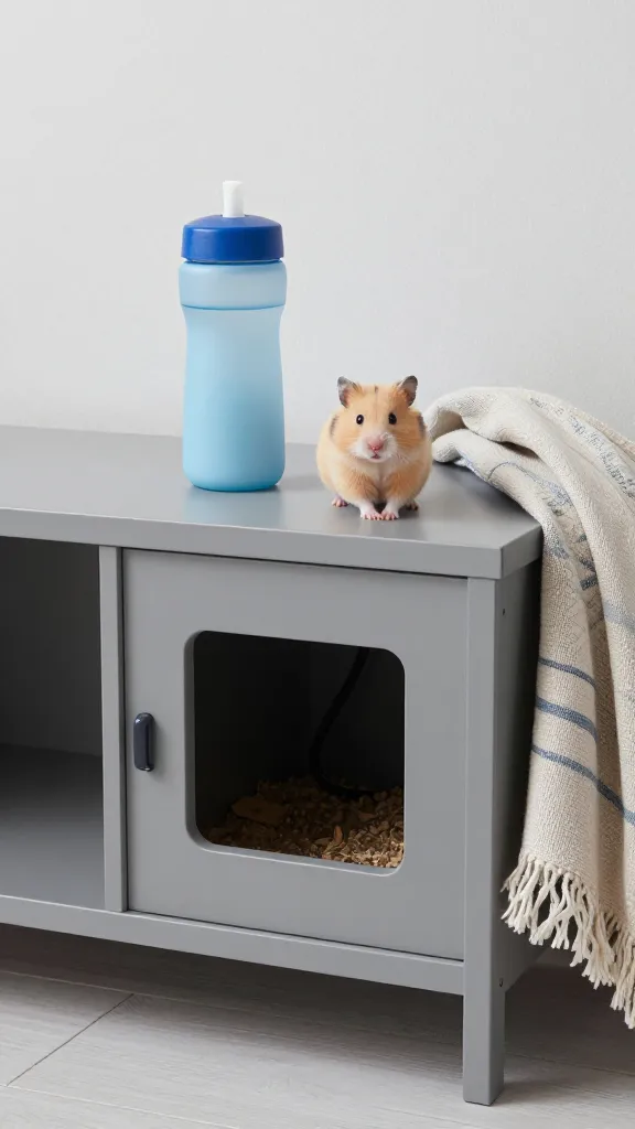 A low-profile, furniture-integrated hamster cell within a gray storage bench, featuring a built-in water bottle, a peep-through window, hidden cable-free space, and a subtle decorative throw blanket draped nearby.