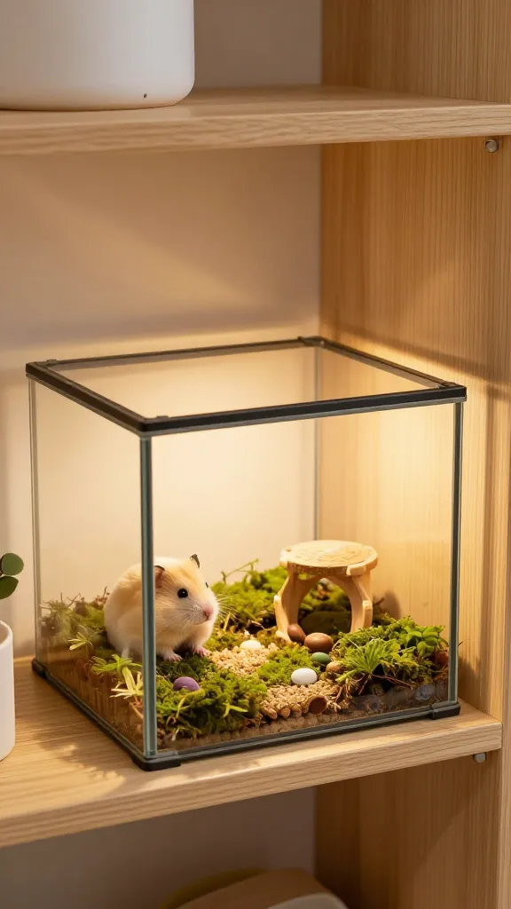 A cozy corner setup with a chic glass-front terrarium-inspired hamster enclosure integrated into an open shelving unit, with natural wood frames, moss bed, tiny gnaw-safe chew toys, and a soft ambient lamp casting warm light.