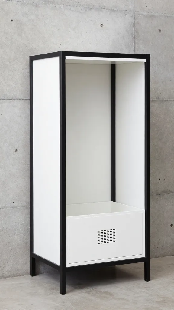 An urban loft-inspired cage upgrade placed inside a slim cabinet with a black metal frame, white acrylic panels, a tilt-out feeding drawer, and a small exterior vent lattice for airflow, set against a concrete wall.