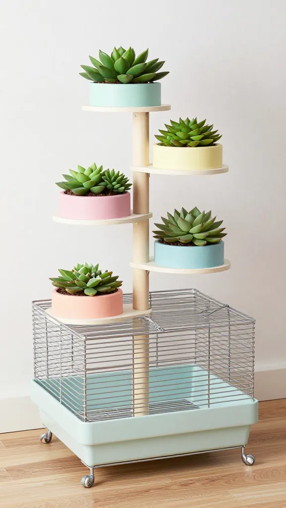 A playful mini apartment vibe: a hamster cage built as a stacked plant stand with tiered levels, succulents on surrounding shelves, pastel paints, and a removable front panel for easy cleaning.