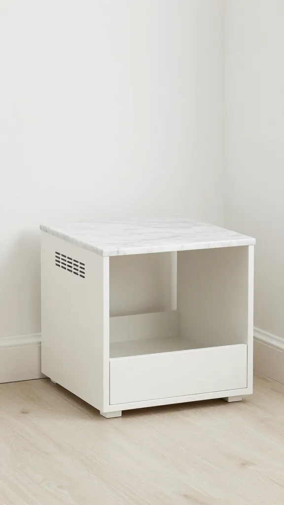 A minimalist corner featuring a freestanding, low-profile hamster cage disguised as a decorative side table, complete with a concealed storage drawer, faux marble top, and a discreet ventilation grid along the side panel.