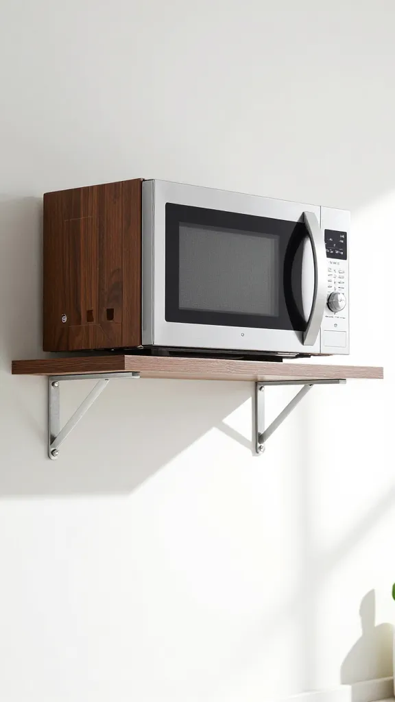 A modern kitchen with a wall-mounted floating microwave shelf made of dark-stained wood and sturdy metal brackets, clean lines, visible wall anchors, and ample airflow beneath the microwave, in a bright daylight setting.