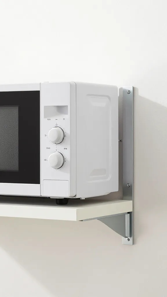 Close-up interior shot of a wall-mounted floating shelf supporting a compact microwave, showing precise bracket placement, level alignment, and reinforced mounting hardware, with a subtle shadow line indicating depth.