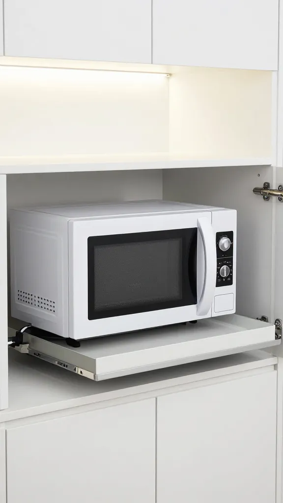 An under-cabinet setup featuring a slide-out tray system: a microwave perched on a shallow, extendable tray pulled partway out, cables neatly tucked away, and a clean backsplash with soft under-cabinet lighting.