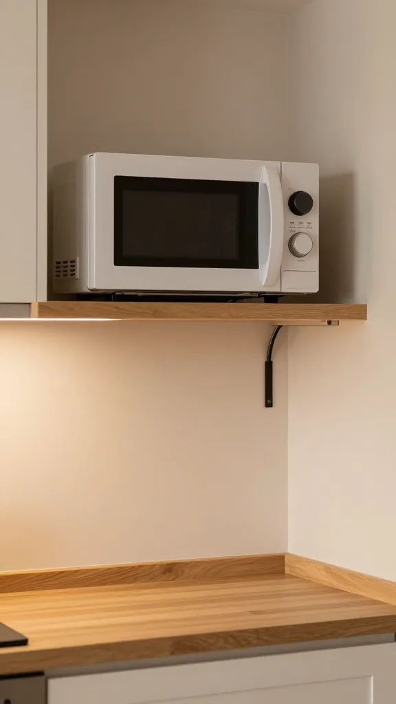 A cozy kitchen nook with a floating shelf above the counter, a microwave centered on the shelf, integrated cord management, and an unobtrusive vertical clearance to allow proper ventilation.